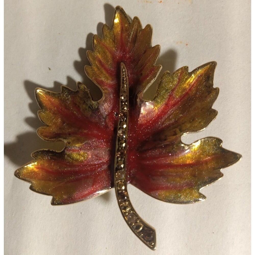 Vintage Monet Fall Autumn Maple Leaf Enamel Rhinestone Brooch Pin